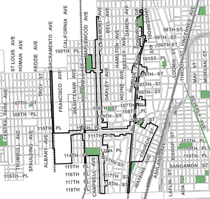 Western/Rock Island TIF district map, roughly bounded on the north by 95th Street, 119th Street on the south, Church Street on the east, and Sacramento Avenue on the west.